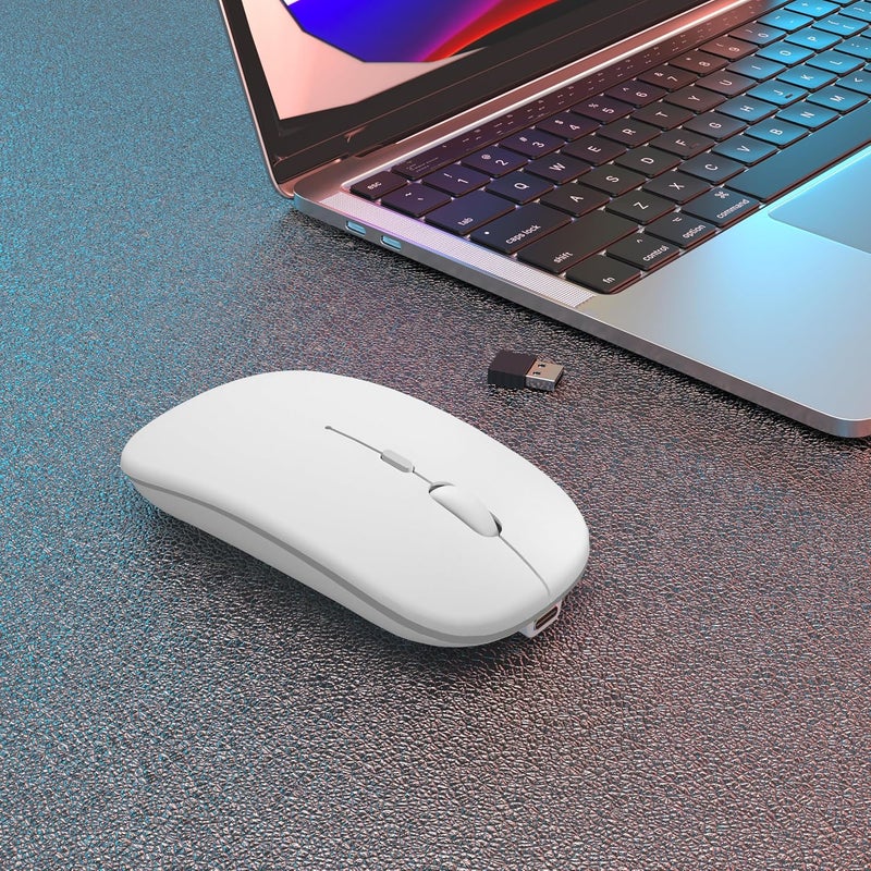 AOLIKOKO فأرة بلوتوث لاسلكية قابلة لإعادة الشحن للكمبيوتر المحمول (بلوتوث 5.2 و USB 2.4G) اتصال مزدوج صامت نحيف لفأرة الكمبيوتر للكمبيوتر المحمول / جهاز iPad اللوحي / Apple MacBook / PC (أبيض ساطع) - Image 2